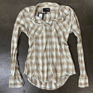 Hurley yellow and orange plaid Pearl Snap Size Medium button up flannel shirt